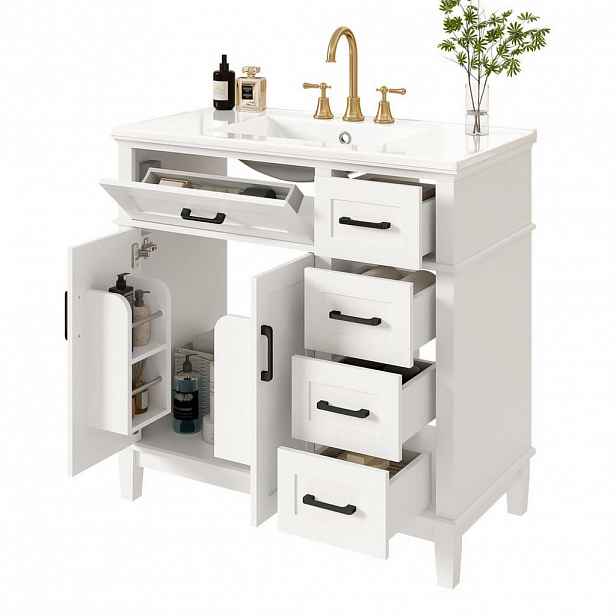 OKWISH KOUPELNOVÁ skříňka s umyvadlem 90/46/87 cm bílá z MDF a keramiky s tichými zásuvkami