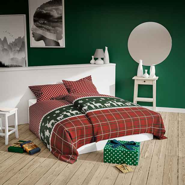Povlečení 160x200 sobi, kostkovaná hrášek, červená, zelená Xmass