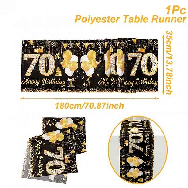 TEMU 1 ks, Černo-zlatý běhoun na stůl k 70. narozeninám, 180*35 cm, Černo-zlatá polyesterová stolačka s designem balónků a diamantů, Potřeby pro
