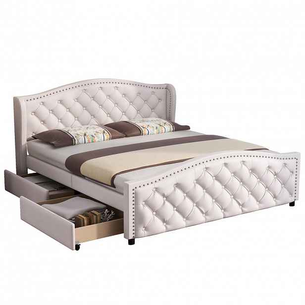 OKWISH ČALOUNĚNÁ postel 160/200 cm bílá z PU se zásuvkami a roštem