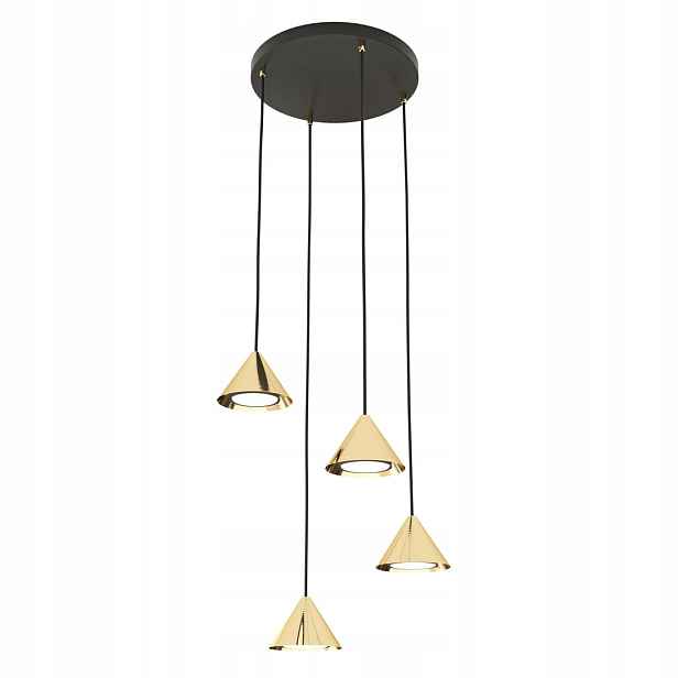 Závěsná kaskádová lampa, černá, zlatá, kuželové stínítko nad stůl, 4 body Emibig