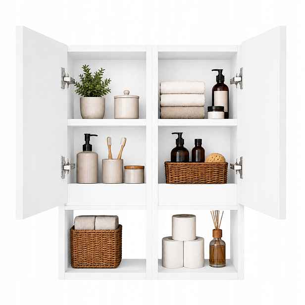 Koupelnová skříňka Závěsný regál 6 Polic Mdf Bílá Lesk Sloupek Úzký 75x56