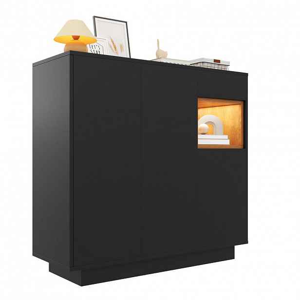 OKWISH BOTNÍK 105/39,5/100,5 cm černá a přírodní z dřevotřísky s LED osvětlením a zásuvkou