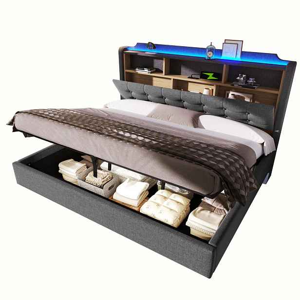 STILVORA ČALOUNĚNÁ POSTEL 180 × 200 cm, šedá, lněná, úložný prostor, LED, USB, Type-C, plovoucí design