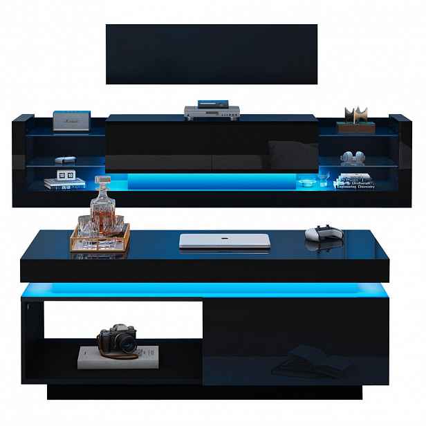 OKWISH TV sestava 181/38/38 cm černá z dřevotřísky s LED osvětlením a konferenčním stolkem