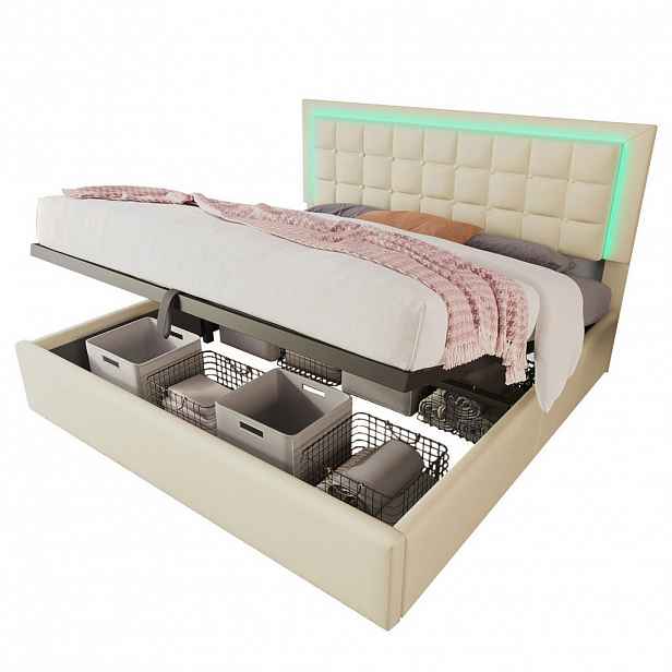 OKWISH ČALOUNĚNÁ postel 160/200 cm bílá z PU s LED osvětlením a úložným prostorem