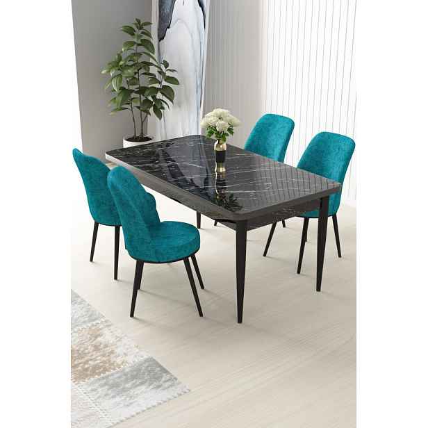 Dining Table & Chairs Set (5 Pieces) Nil - Black Marble, Turquoise