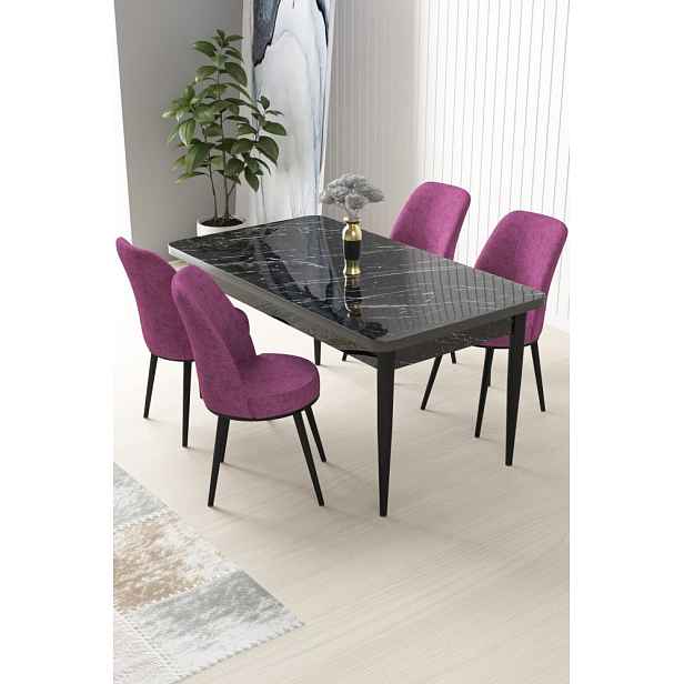 Dining Table & Chairs Set (5 Pieces) Nil - Black Marble, Purple