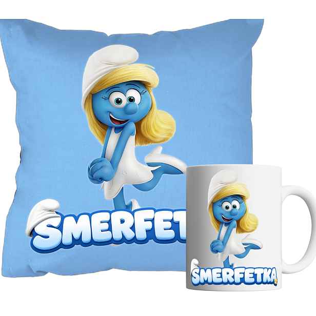 Set Hrnek A Polštář Modrý Smurfs Šmoulové Šmoulka Dárek Jméno