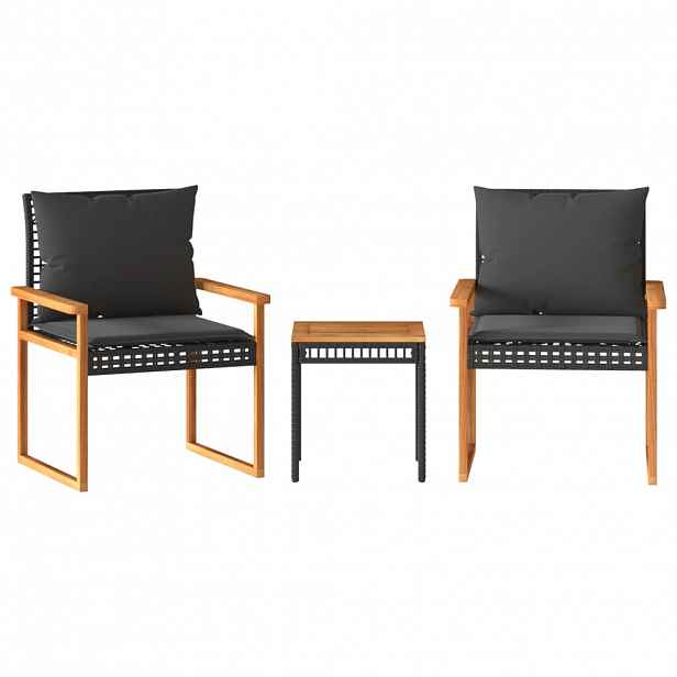 vidaXL 3dílný bistro set s poduškami černý polyratan akáciové dřevo