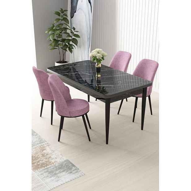 Dining Table & Chairs Set (5 Pieces) Nil - Black Marble, Pink