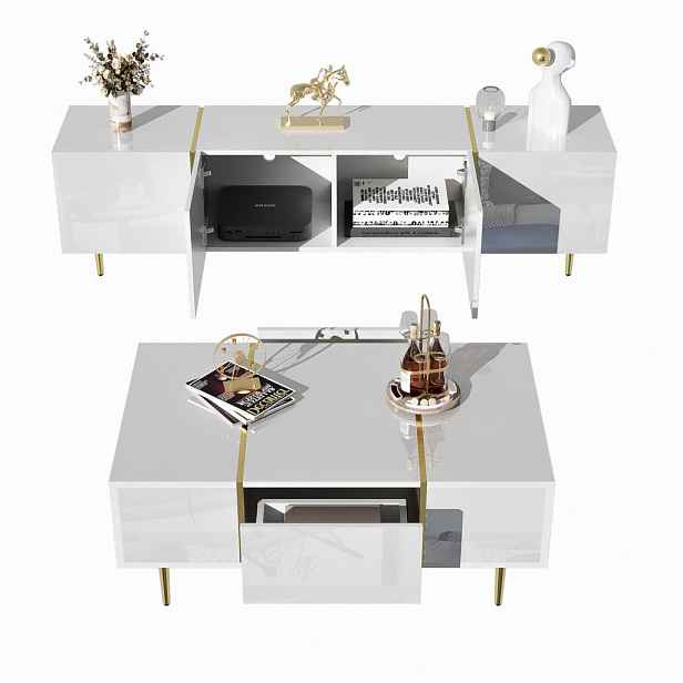 OKWISH SET TV stolku a konferenčního stolku 170/35/46 a 100/60/41,5 cm bílý z MDF s úložným prostorem