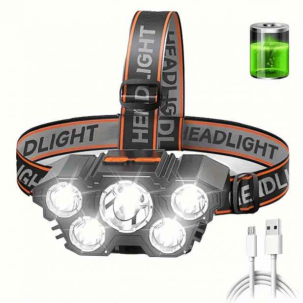 TEMU 1ks 5 LED Ultra Jasné Nouzové Světlo s Nabíjením přes USB, Baterie 14500, Přenosná Čelovka z ABS Vhodná pro Kempování, Turistiku, Rybaření,