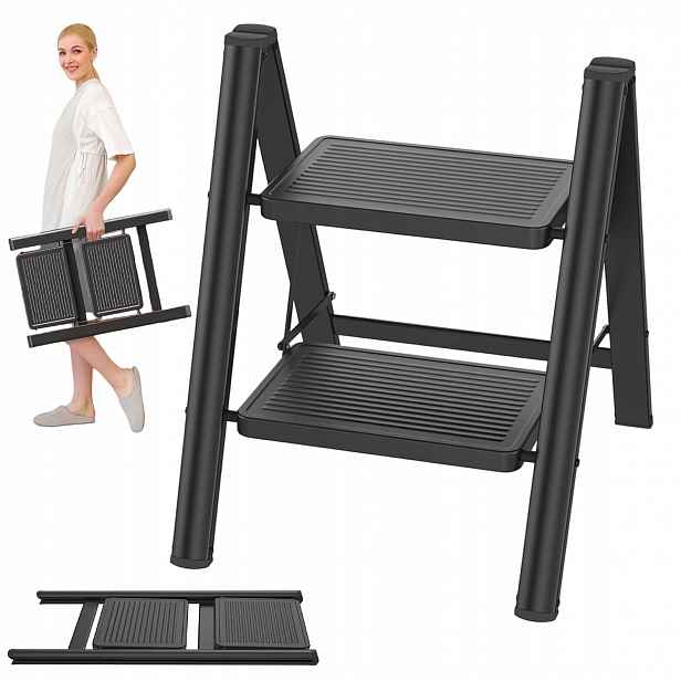 Domácí Žebřík Žebřík 2 Stupně Skládací 150 Kg Schůdky Černý Lehký