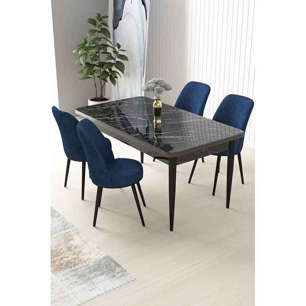 Dining Table & Chairs Set (5 Pieces) Nil - Black Marble, Navy Blue