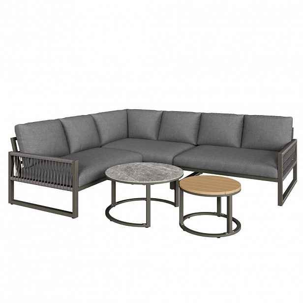 OKWISH ZAHRADNÍ lounge set 123/68/86 cm šedé z kovu a polyesteru s polštáři a 2 stolky