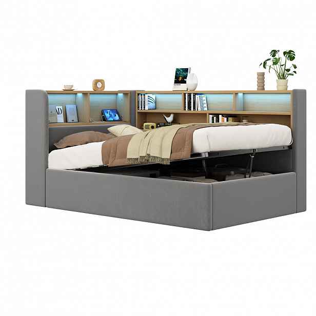 CHICFURN ČALOUNĚNÁ POSTEL 90/200 cm v šedé sametové látce s úložným prostorem, LED, USB a policí