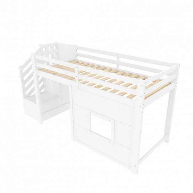 OKWISH PATROVÁ postel 90/200 cm bílá z MDF a borovice s úložnými schody