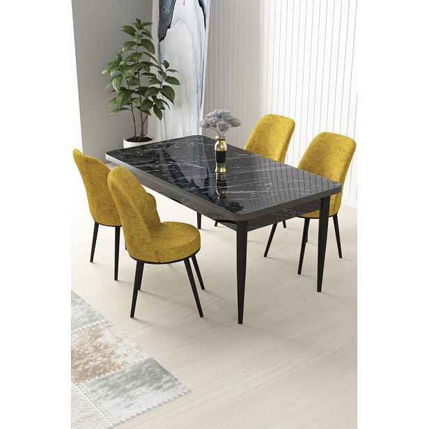 Dining Table & Chairs Set (5 Pieces) Nil - Black Marble, Mustard