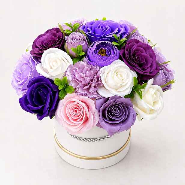 Flower Box s mýdlovými květy Fialový Mix Perfektní dárek Památka