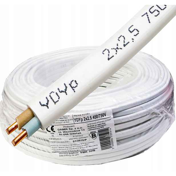 Kabel YDYp 2x2,5 mm 450/750V měděný drát Cu 50 m plochý