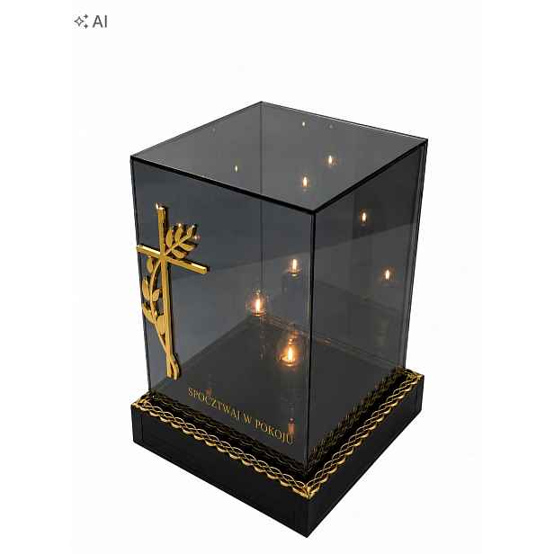 Solární Led Hřbitovní Svíčka Ilumini na hrob, hřbitov, 3D Čtverec , Zlatý kříž, 33 cm