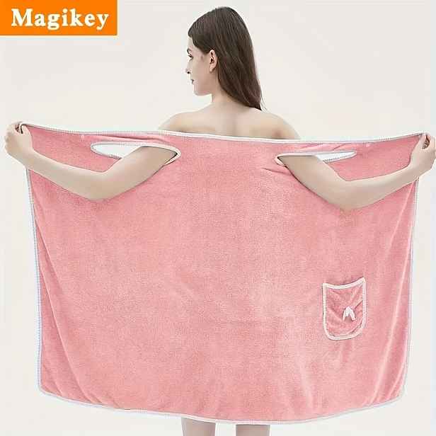 TEMU Velká Měkká Koralová Fleece Koupelnová Ručník s Kapsou - Savý & Rychleschnoucí, Lehký & Odolný pro Pláž, Domov a Koupelnu, Perfektní Dárek k