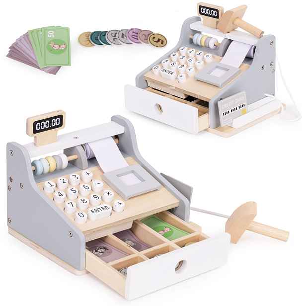 ECOTOYS Dřevěná pokladna pro děti TINY modrá/hnědá