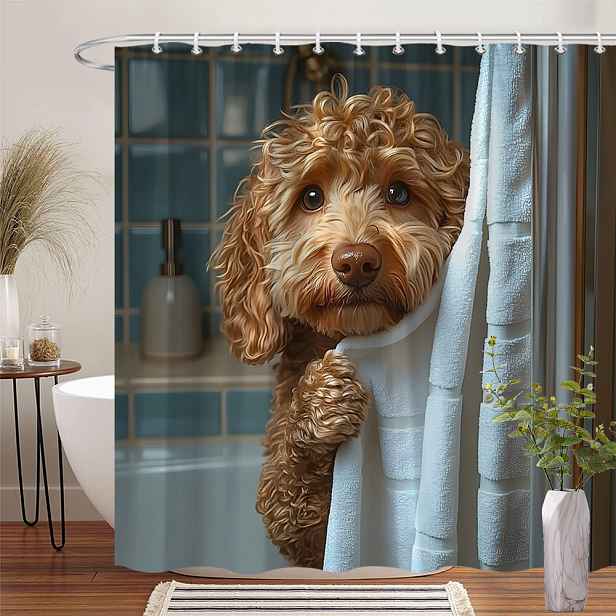 TEMU 1ks Roztomilý Pudl Puppy Peeking Over Bath Towel Digitální Sprchová Závěs - Roztomilý a Útulný Dekor do Koupelny s Realistickým Designem Psa, 12