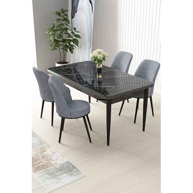 Dining Table & Chairs Set (5 Pieces) Nil - Black Marble, Grey