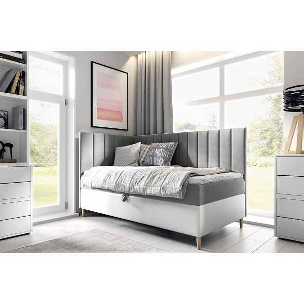 Kontinentální postel 100x200 MIREN 3 - šedá / bílá, otevírání z levé strany + topper ZDARMA