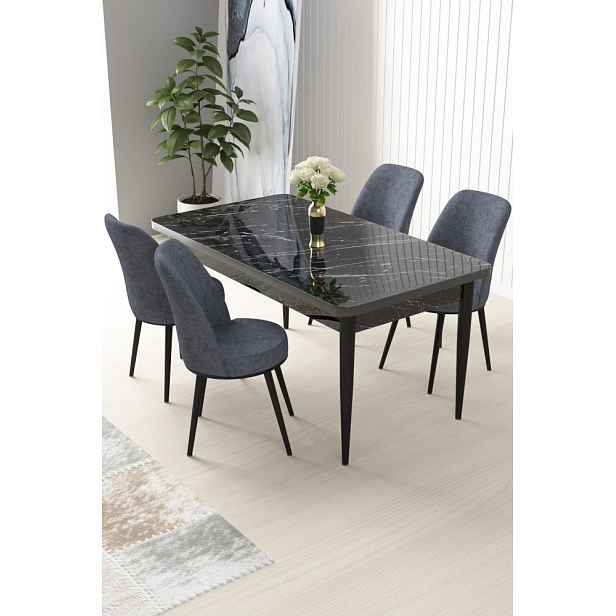 Dining Table & Chairs Set (5 Pieces) Nil - Black Marble, Fume