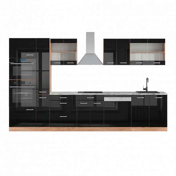 Vicco KUCHYŇSKÝ KOUT R-Line Černý/zlatý dub s vysokým leskem 350 cm s vysokou skříní, PD Mramor