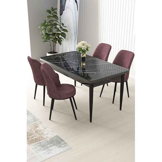 Dining Table & Chairs Set (5 Pieces) Nil - Black Marble, Dusty Rose