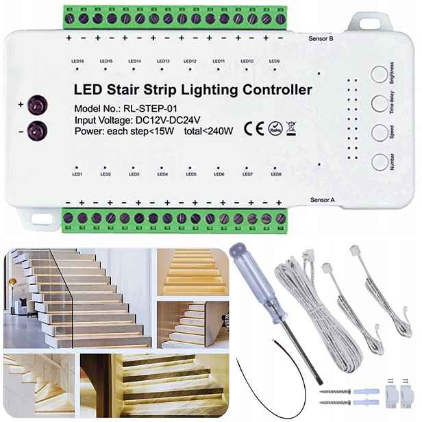 Led Schodišťový Ovladač 16 Stupňů Schodů Kanálů 12-24V 240W Senzory Pir