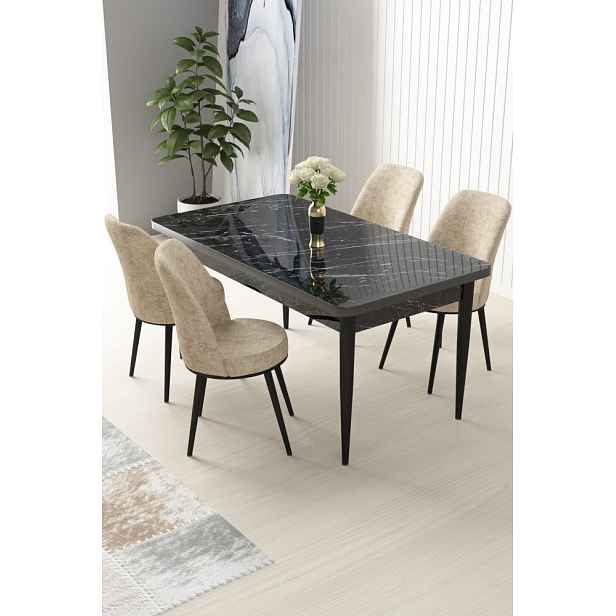 Dining Table & Chairs Set (5 Pieces) Nil - Black Marble, Cream