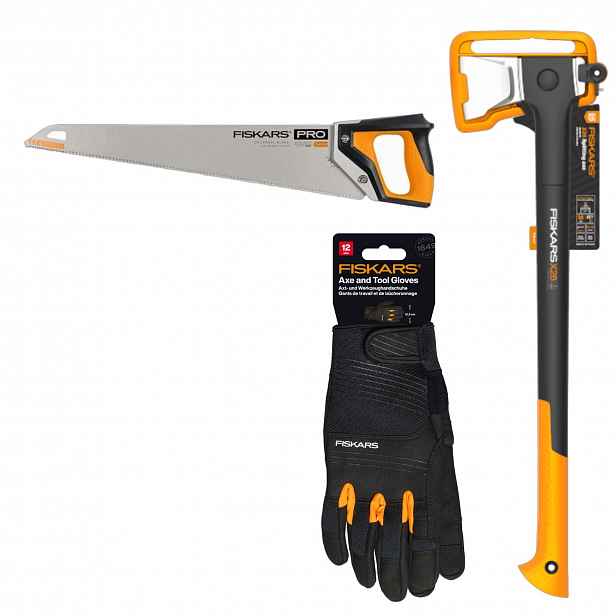 Fiskars Sada na dřevo Štípací sekera ruční pila rukavice R12