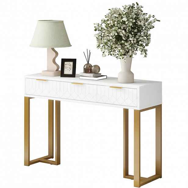 Modfu KONZOLOVÝ stolek z MDF 120x35x80 cm bílá/zlatá se zásuvkami a nastavitelnými nožkami