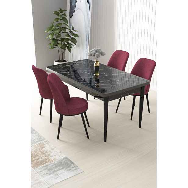 Dining Table & Chairs Set (5 Pieces) Nil - Black Marble, Burgundy