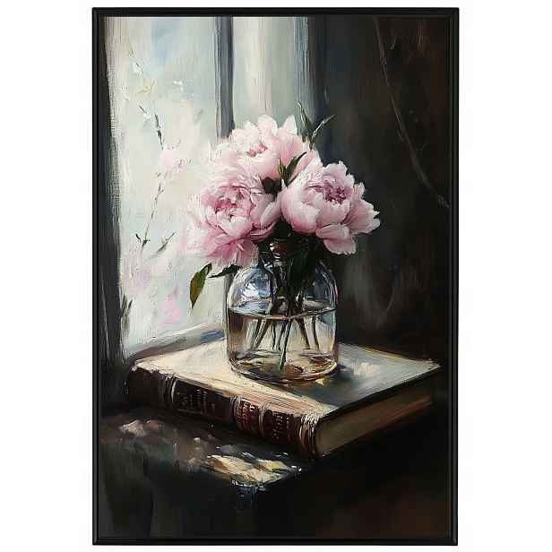 Plakát Rámeček Hliník Květiny Pivoňky Kytice Kniha Okno 40x60