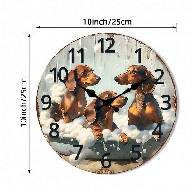 TEMU 1 ks 10/12 Palcová Nástěnná Hodiny Bez Tikání, Dřevěné, Tři Jezevčíci ve Vaně Kruhové Hodiny, Snadno Čitelné, Na Baterie, Venkovský Rustikální