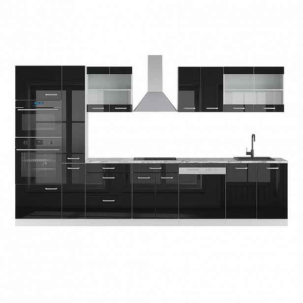 Vicco KUCHYŇSKÝ KOUT R-Line Černý vysoký lesk/bílá 350 cm s vysokou skříní, s pracovní deskou