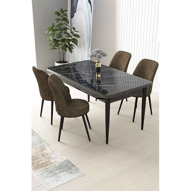Dining Table & Chairs Set (5 Pieces) Nil - Black Marble, Brown