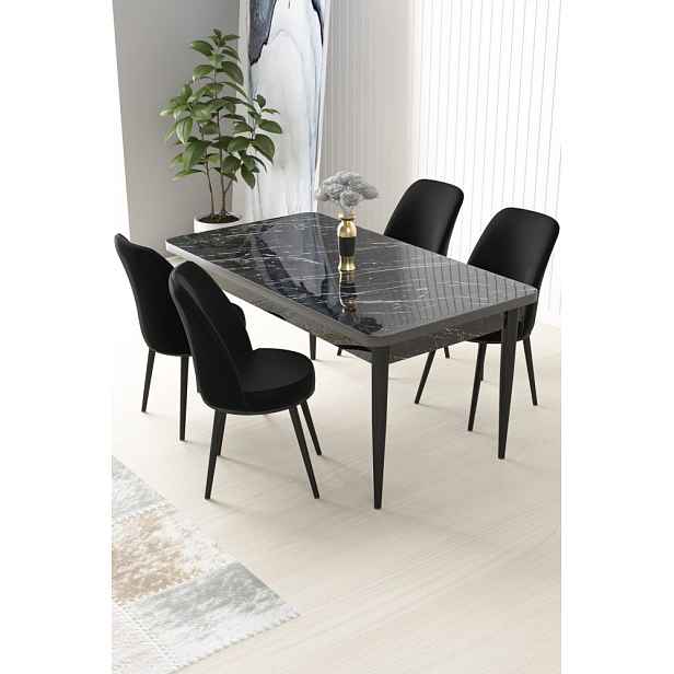 Dining Table & Chairs Set (5 Pieces) Nil - Black Marble, Black