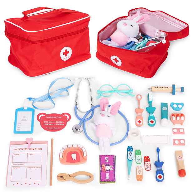ECOTOYS Dřevěná sada pro malého lékaře MEDIKIT červená