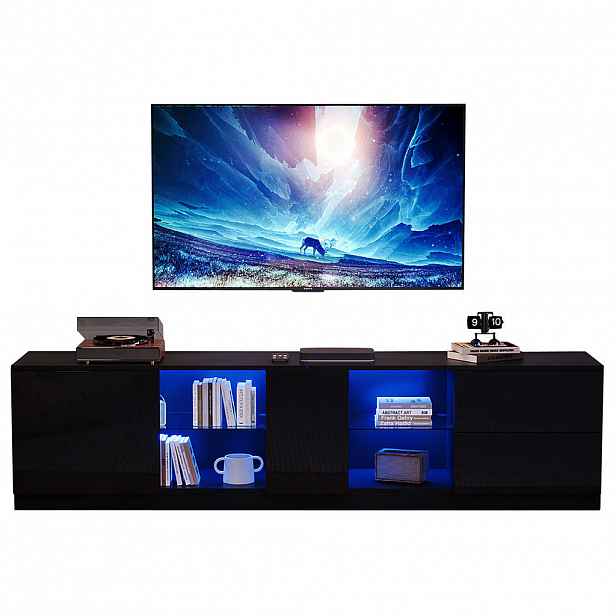 Modfu TV stolek z MDF 160x52x40 cm černý s LED osvětlením, vysokým leskem a úložným prostorem