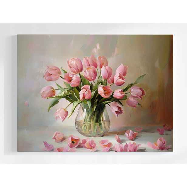 Plakát Květiny Růžové Tulipány Kytice Váza 100x75