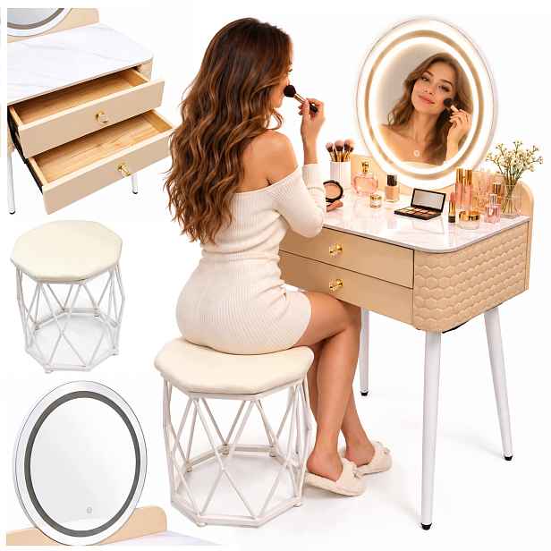 Toaletní Stolek Kosmetický se zrcadlem pro Led make-up, 3 barvy, stolička 2 zásuvky