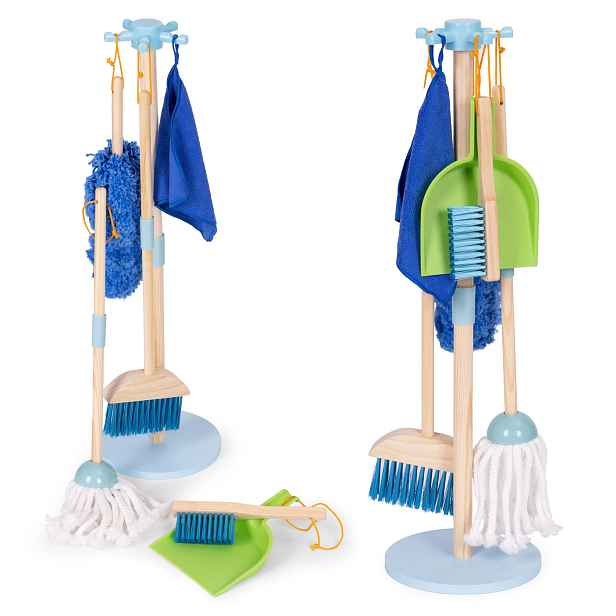 ECOTOYS Dřevěná úklidová sada pro děti CLEAN modrá