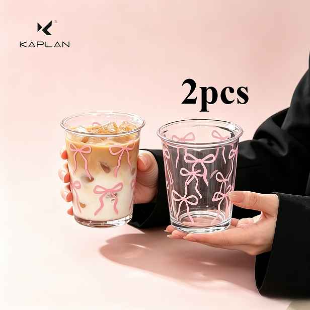 TEMU 2/4 ks, KAPLAN, Elegantní skleněné šálky na kávu s mašličkovým designem, Průhledné skleněné nádobí, Vhodné pro cappuccino, čaj, espresso, latte,